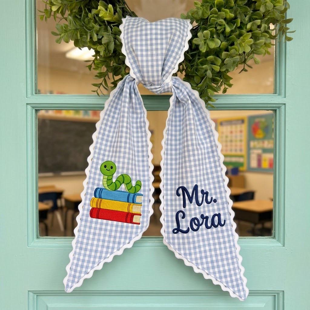 Personalized Teacher Wreath Sash, Embroidered Bookworm Wreath Bow, Custom Teacher Name Sash, Gingham Classroom Door Decor