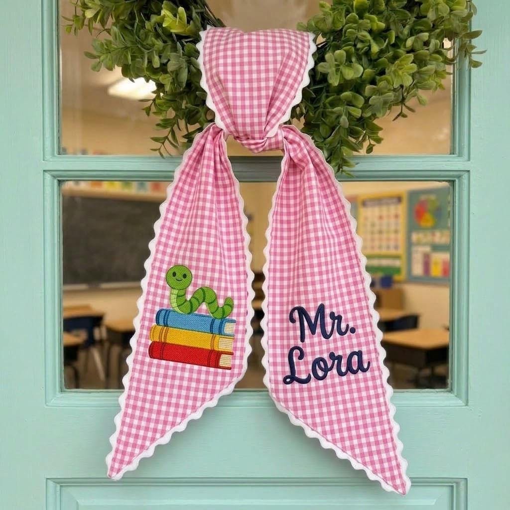 Personalized Teacher Wreath Sash, Embroidered Bookworm Wreath Bow, Custom Teacher Name Sash, Gingham Classroom Door Decor