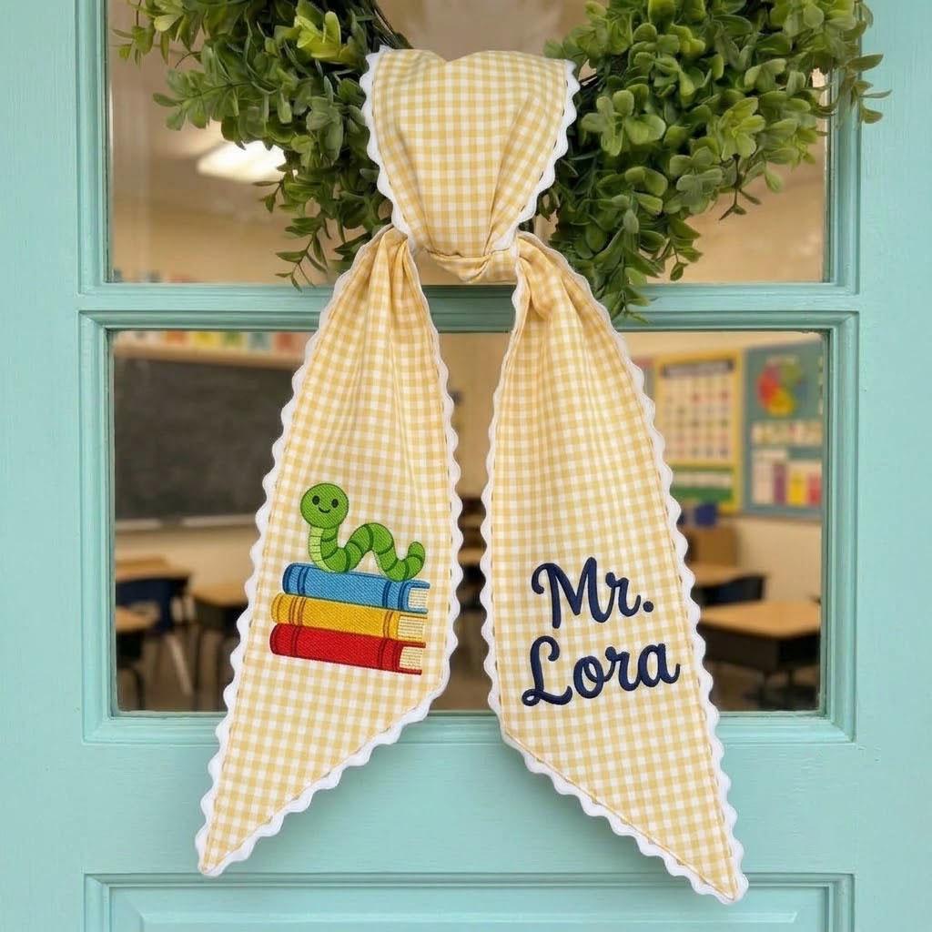 Personalized Teacher Wreath Sash, Embroidered Bookworm Wreath Bow, Custom Teacher Name Sash, Gingham Classroom Door Decor