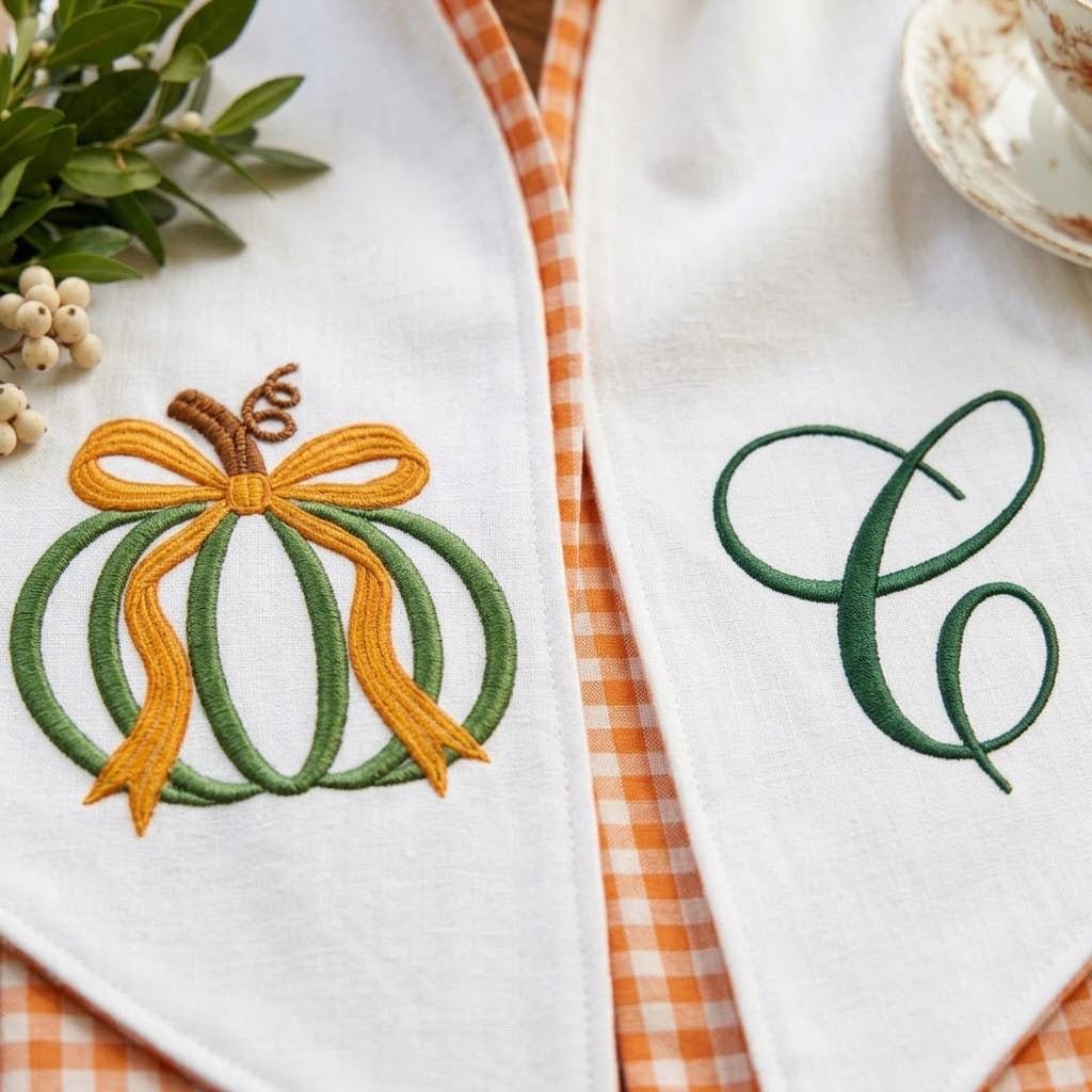 Fall Monogram Wreath Sash, Embroidered Pumpkin Door Hanger, Orange Gingham Autumn Decor, Personalized Thanksgiving Wreath Bow
