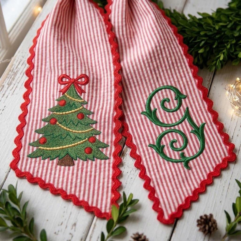 Personalized Christmas Wreath Sash, Monogram Holiday Door Decor, Red Striped Embroidered Tree Hanger