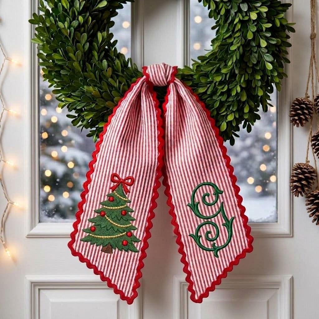 Personalized Christmas Wreath Sash, Monogram Holiday Door Decor, Red Striped Embroidered Tree Hanger