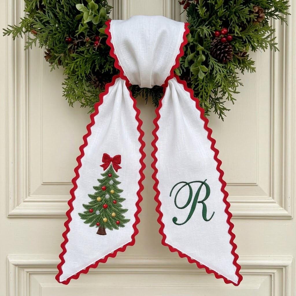 Personalized Christmas Wreath Sash, Embroidered Christmas Tree Wreath Bow, Monogram Holiday Sash, Striped Front Door Decor