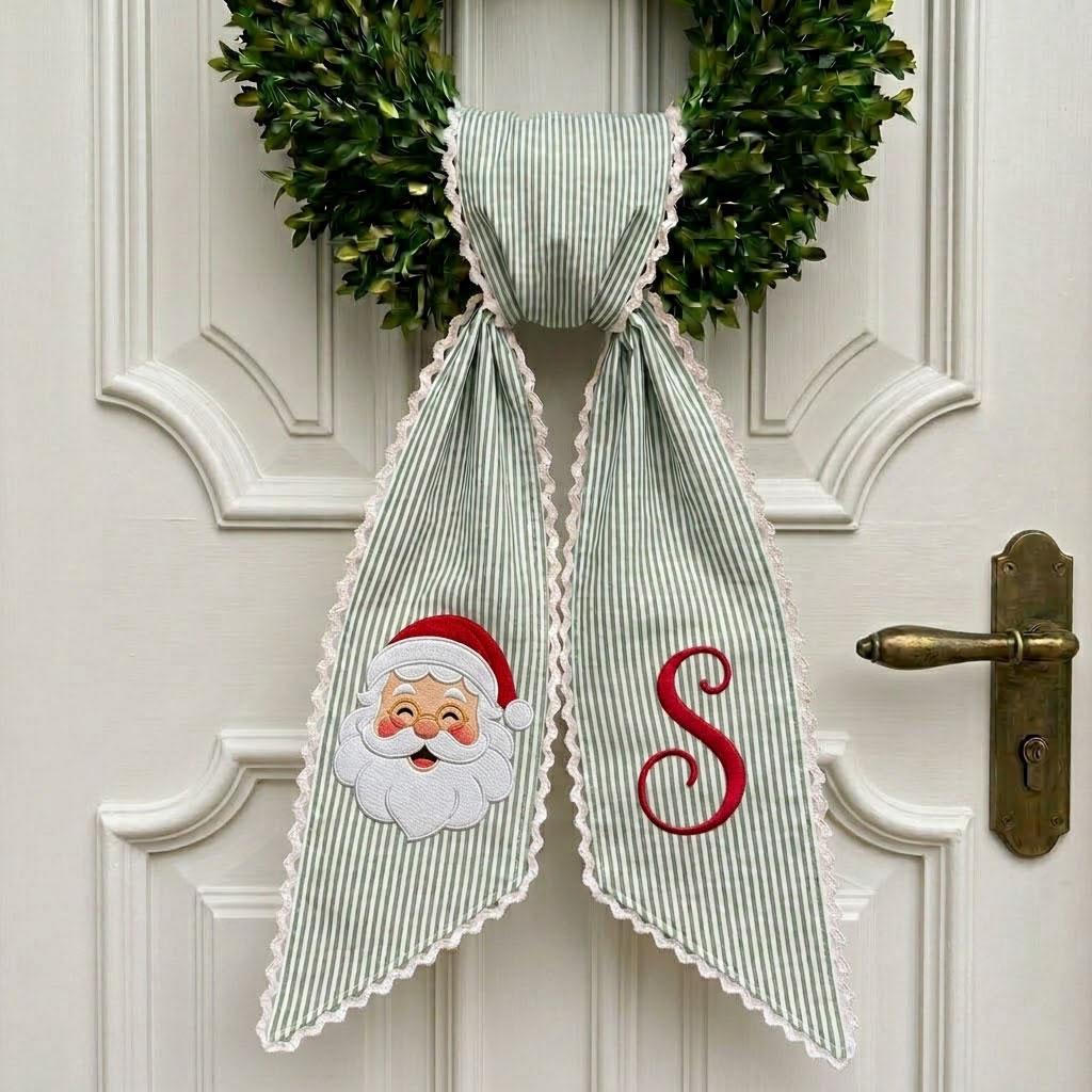 Personalized Christmas Wreath Sash, Santa Embroidered Wreath Bow, Monogram Holiday Sash, Striped Christmas Front Door Decor
