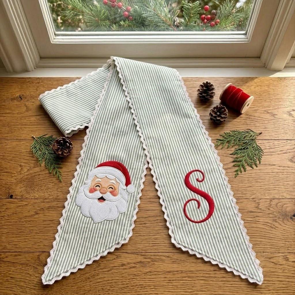 Personalized Christmas Wreath Sash, Santa Embroidered Wreath Bow, Monogram Holiday Sash, Striped Christmas Front Door Decor