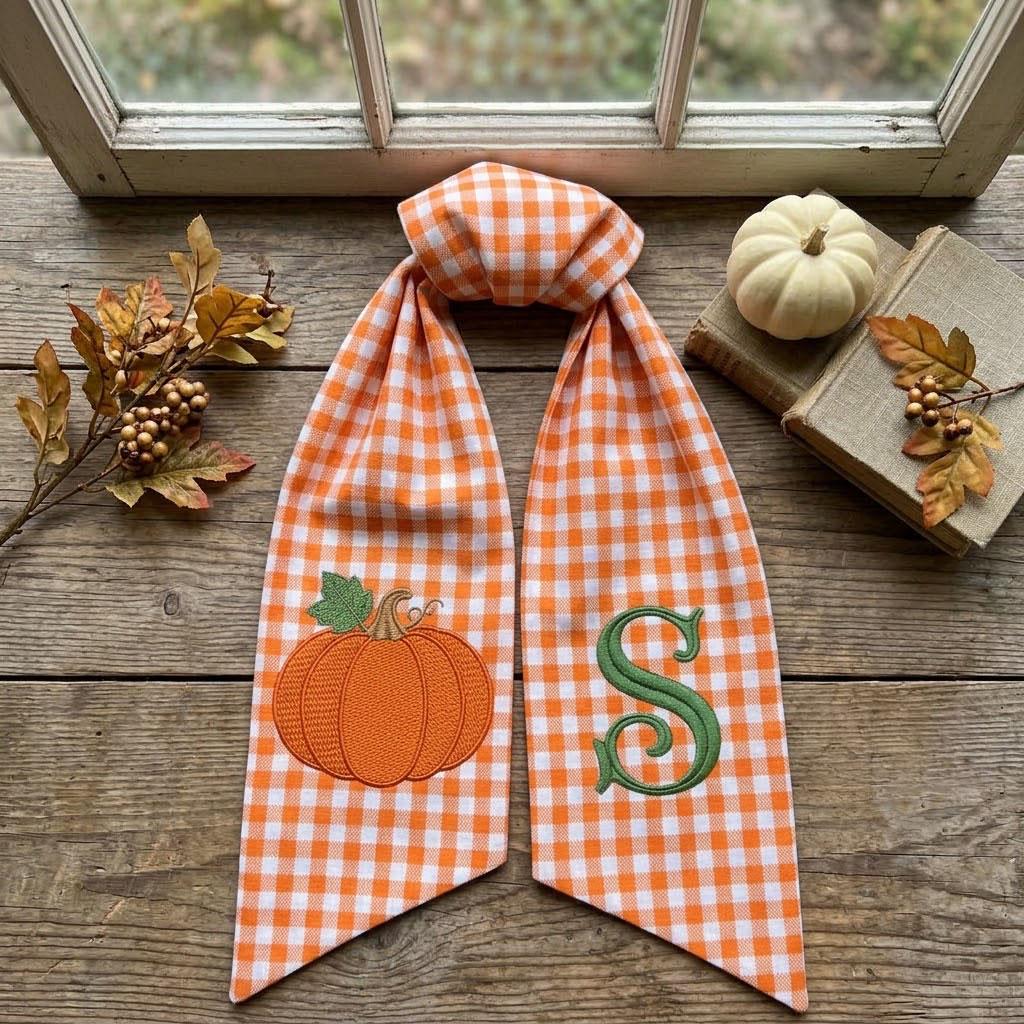 Personalized Fall Wreath Sash, Embroidered Pumpkin Wreath Bow, Monogram Gingham Sash, Thanksgiving Front Door Autumn Decor