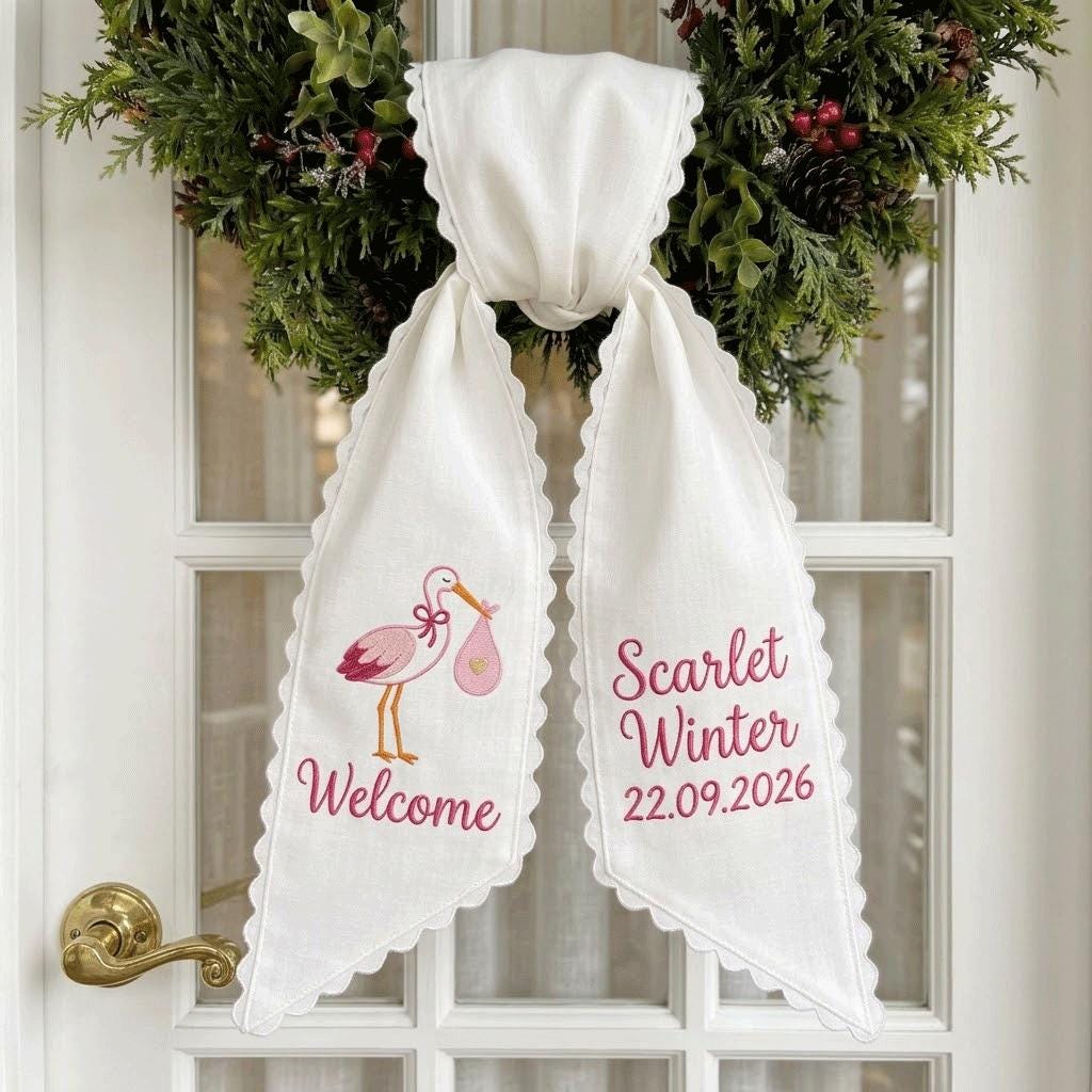 Personalized Stork Birth Announcement Wreath Sash, Custom Baby Girl Welcome Door Hanger, Hospital Door Decor, Baby Shower Gift