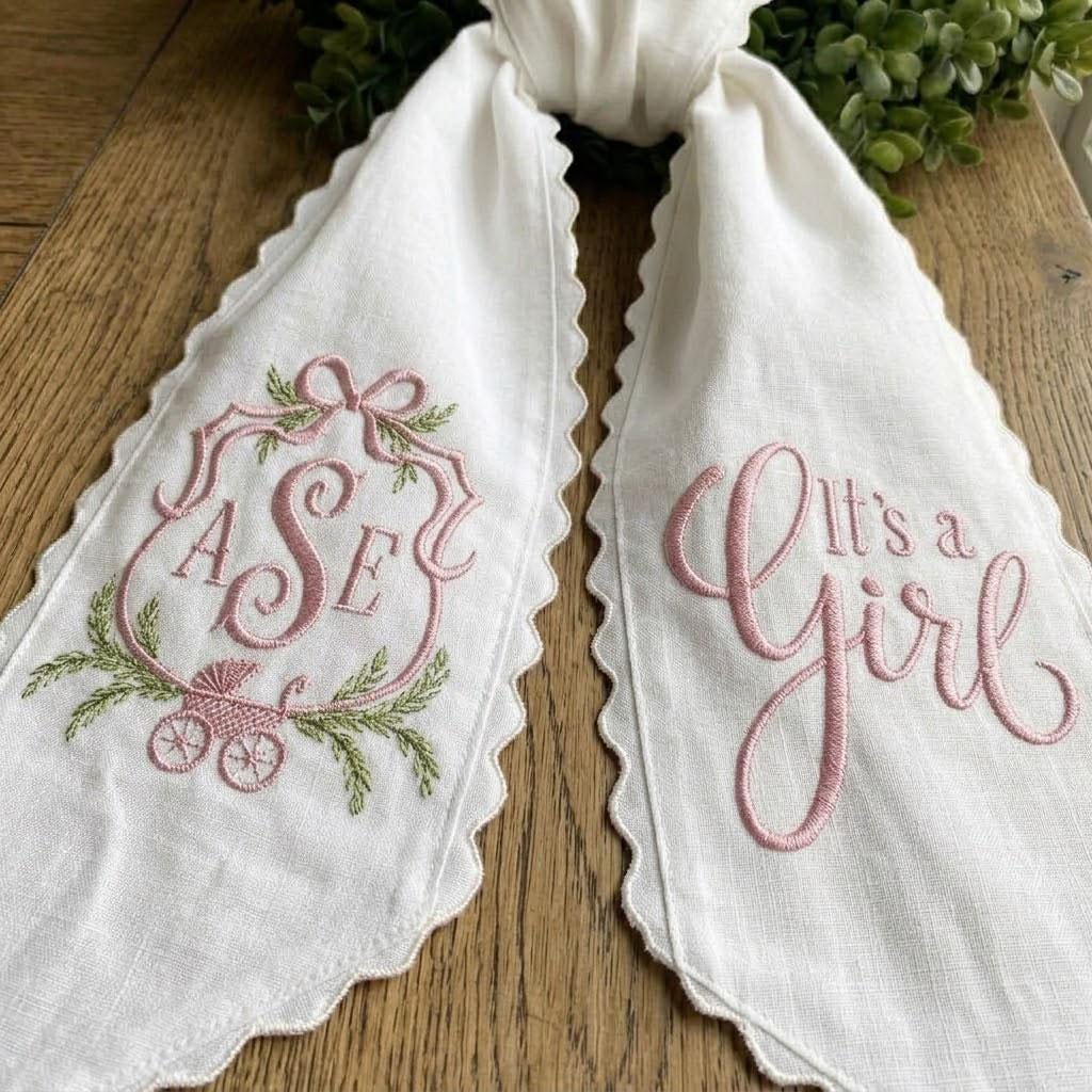 Personalized Baby Girl Wreath Sash, It's A Girl Announcement, Monogram Baby Shower Decor, Embroidered Front Door Ribbon