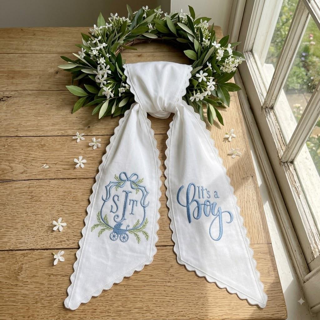 Personalized Baby Boy Wreath Sash, It's A Boy Announcement, Monogram Baby Shower Decor, Embroidered Front Door Ribbon
