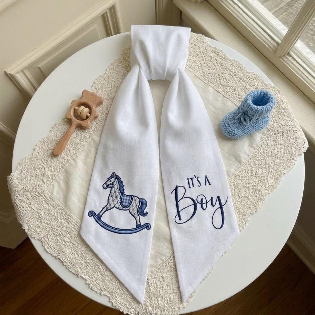 It's A Boy Wreath Sash, Gingham Hospital Door Hanger, Rocking Horse Nursery Decor, Baby Shower Gift, Welcome Baby Boy Ribbon