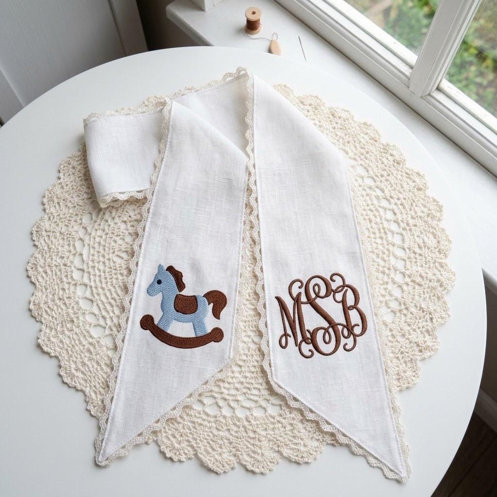 Monogram Wreath Sash, Rocking Horse Decor, Custom Embroidered Bow, Baby Boy Nursery, Front Door Sash, Baby Shower Gift