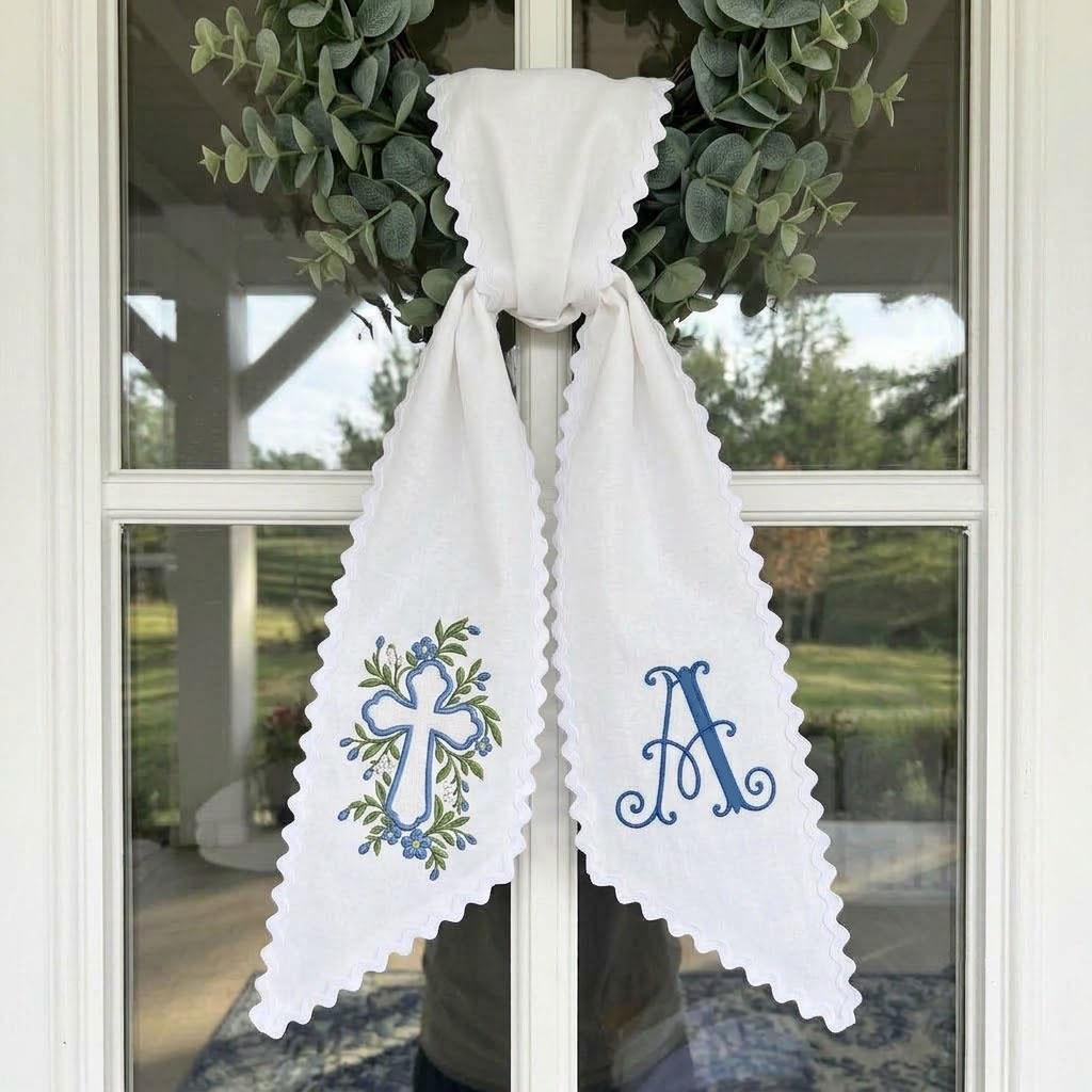 Baptism Wreath Sash, Embroidered Cross Door Bow, Custom Christening Decor, First Communion Monogram Sash, Religious Baby Gift