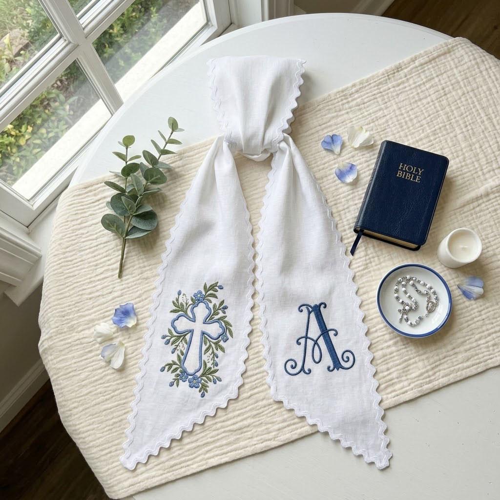 Baptism Wreath Sash, Embroidered Cross Door Bow, Custom Christening Decor, First Communion Monogram Sash, Religious Baby Gift