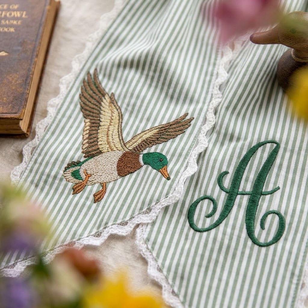 Mallard Duck Wreath Sash, Personalized Monogram Striped Ribbon with Lace, Front Door Decor, Hunting Theme Nursery, Green Bow