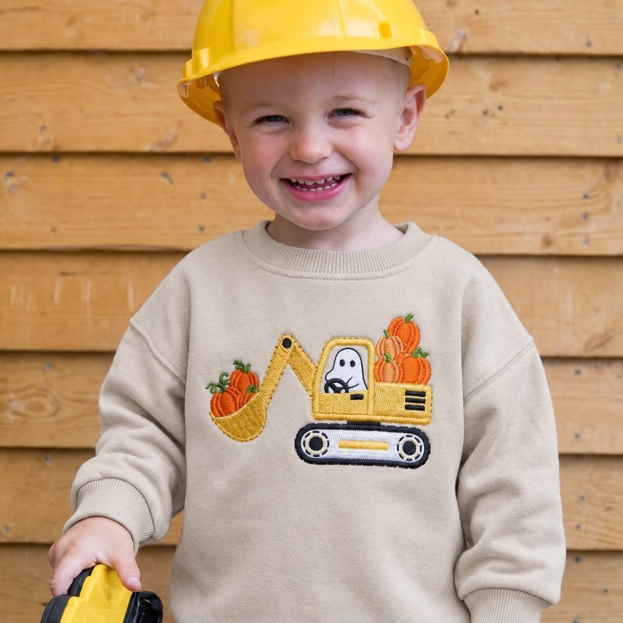 Toddler Halloween Excavator Sweatshirt, Embroidered Pumpkin Construction Shirt, Ghost Digger Fall Outfit, Boys Halloween Gift
