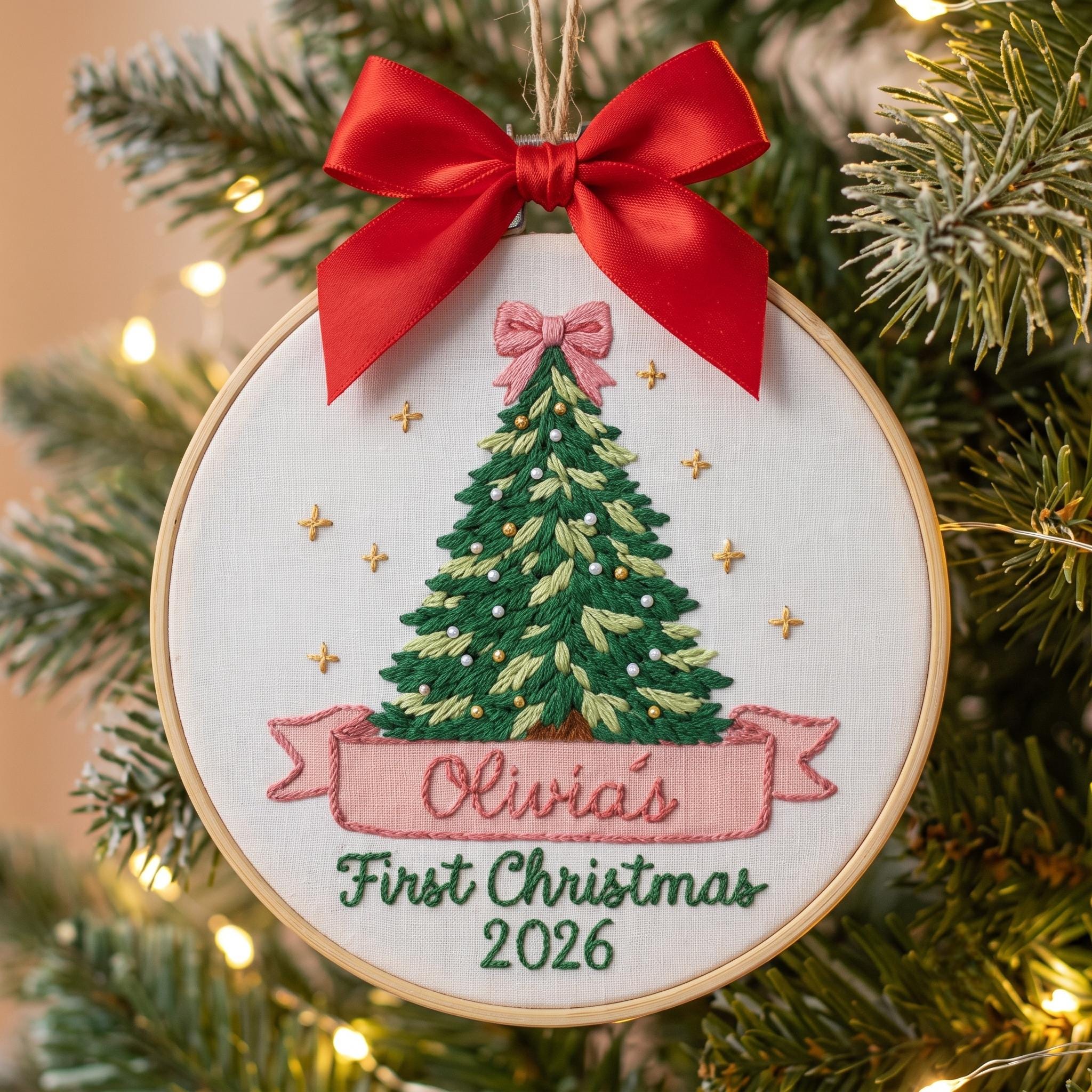 Personalized Baby First Christmas Ornament 2026, Custom Name Embroidered Tree Hoop Keepsake, New Baby Girl Gift