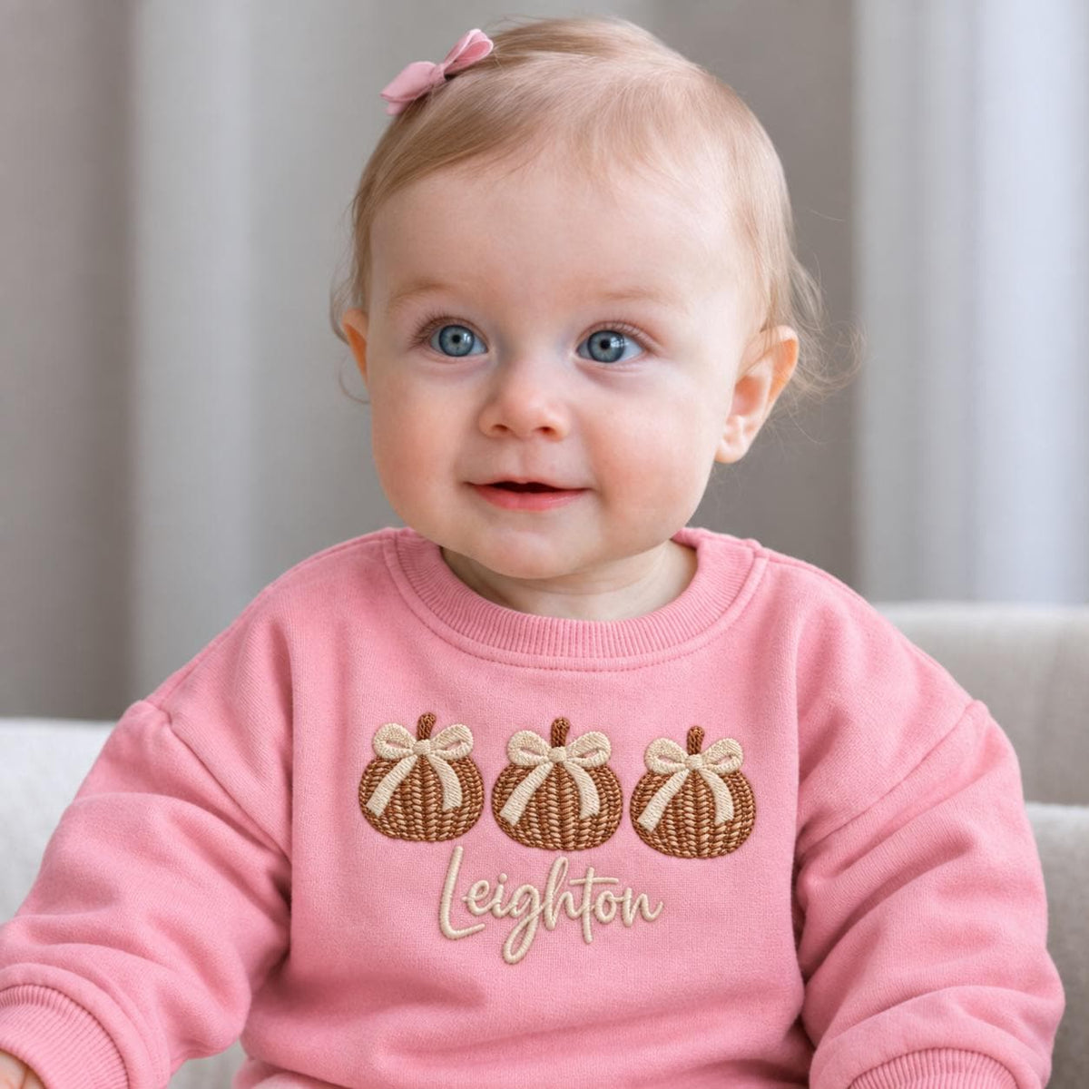 Personalized Pumpkin Toddler Sweatshirt, Custom Name Fall Kids Crewneck, Embroidered Pumpkin Bow Shirt, Thanksgiving Gift