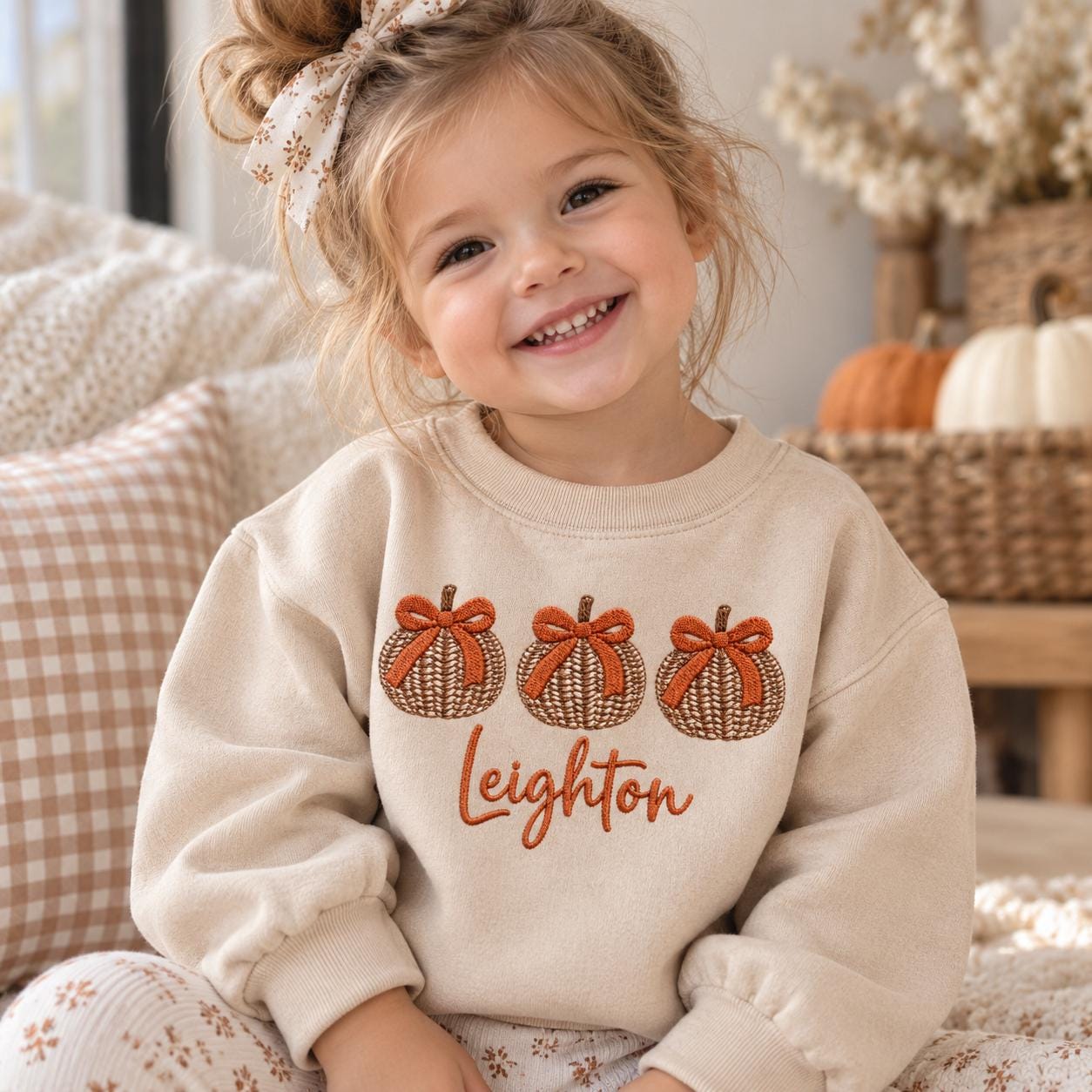 Personalized Pumpkin Toddler Sweatshirt, Custom Name Fall Kids Crewneck, Embroidered Pumpkin Bow Shirt, Thanksgiving Gift