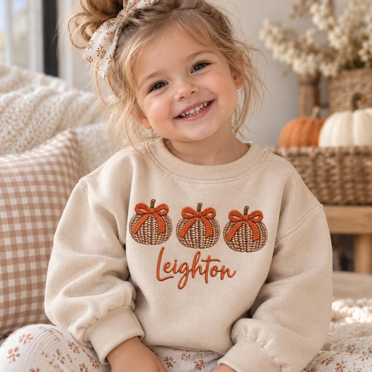 Personalized Pumpkin Toddler Sweatshirt, Custom Name Fall Kids Crewneck, Embroidered Pumpkin Bow Shirt, Thanksgiving Gift