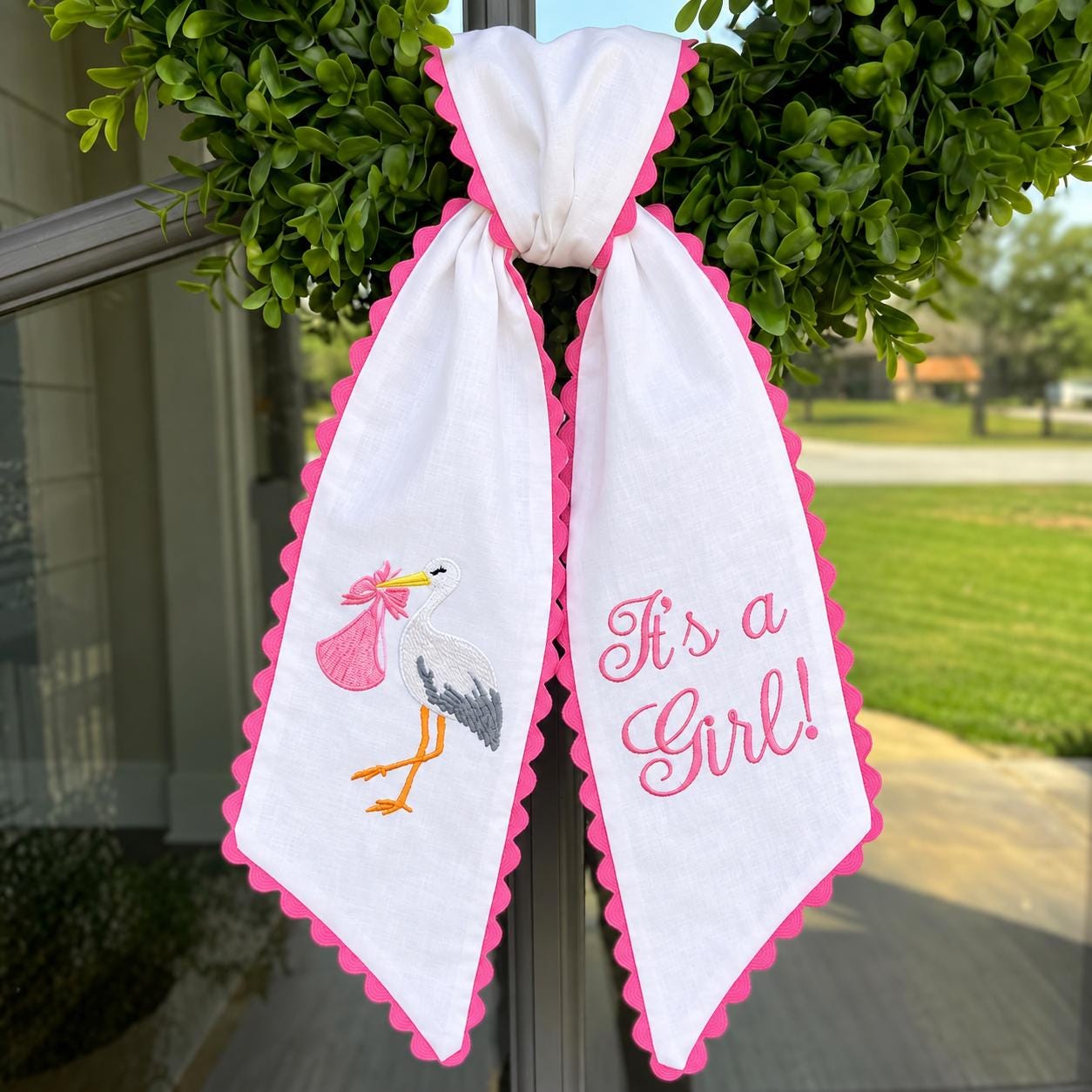 Baby Announcement Wreath Sash, Embroidered Stork Door Bow, It’s a Boy It’s a Girl Gender Reveal Decor