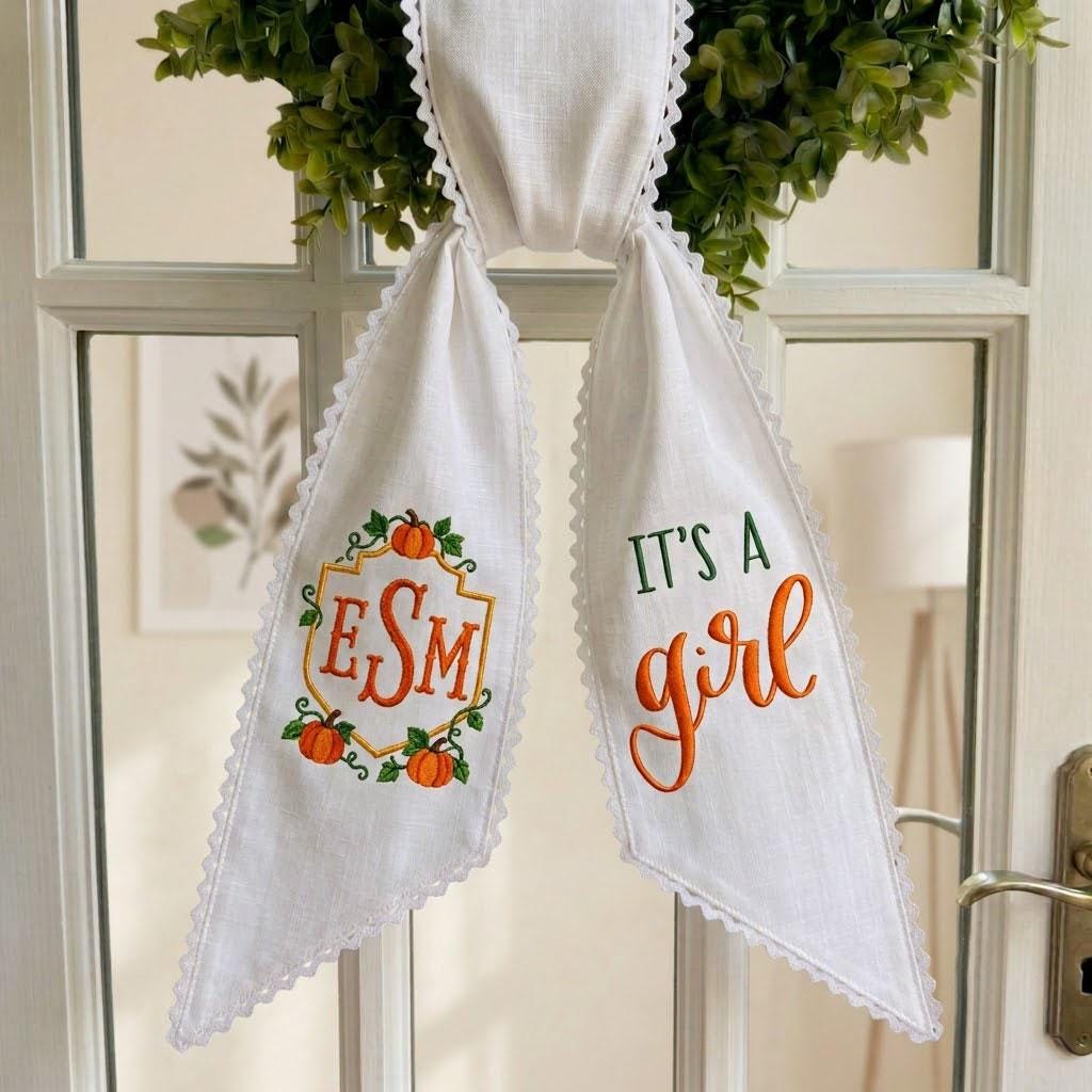 Fall Wreath Sash Pumpkin Monogram, Gender Reveal Decor, Baby Shower Door Bow, Autumn Baby Announcement Boy Girl