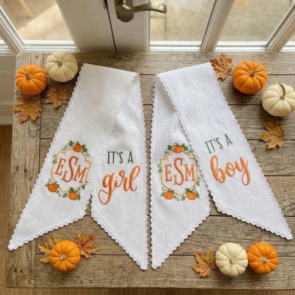 Fall Wreath Sash Pumpkin Monogram, Gender Reveal Decor, Baby Shower Door Bow, Autumn Baby Announcement Boy Girl