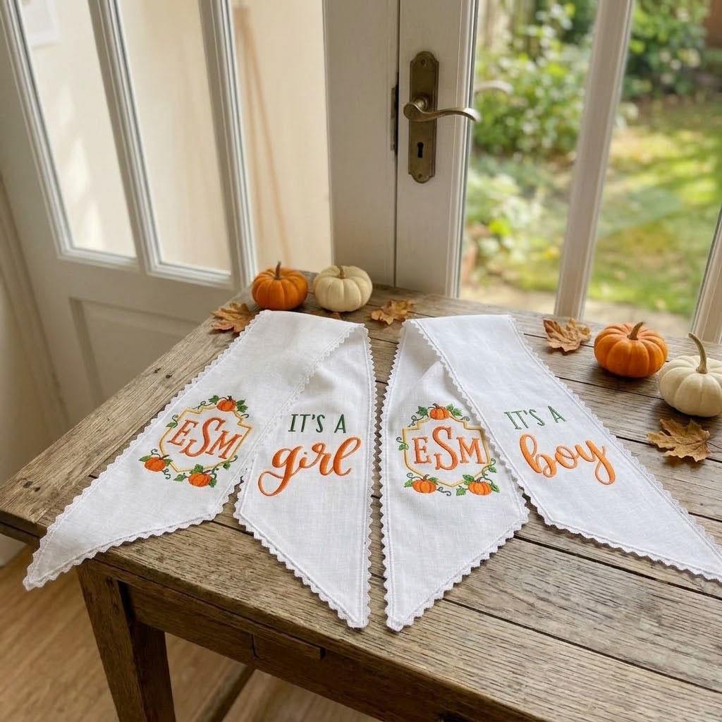 Fall Wreath Sash Pumpkin Monogram, Gender Reveal Decor, Baby Shower Door Bow, Autumn Baby Announcement Boy Girl