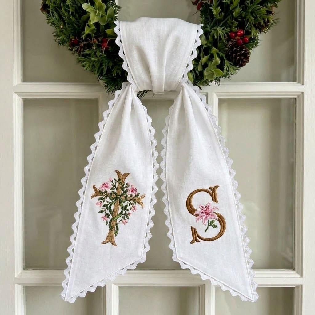 Floral Cross Wreath Sash Custom Monogram, Front Door Decor, Easter Spring Sash, Christian Gift, Baptism Bow Decor