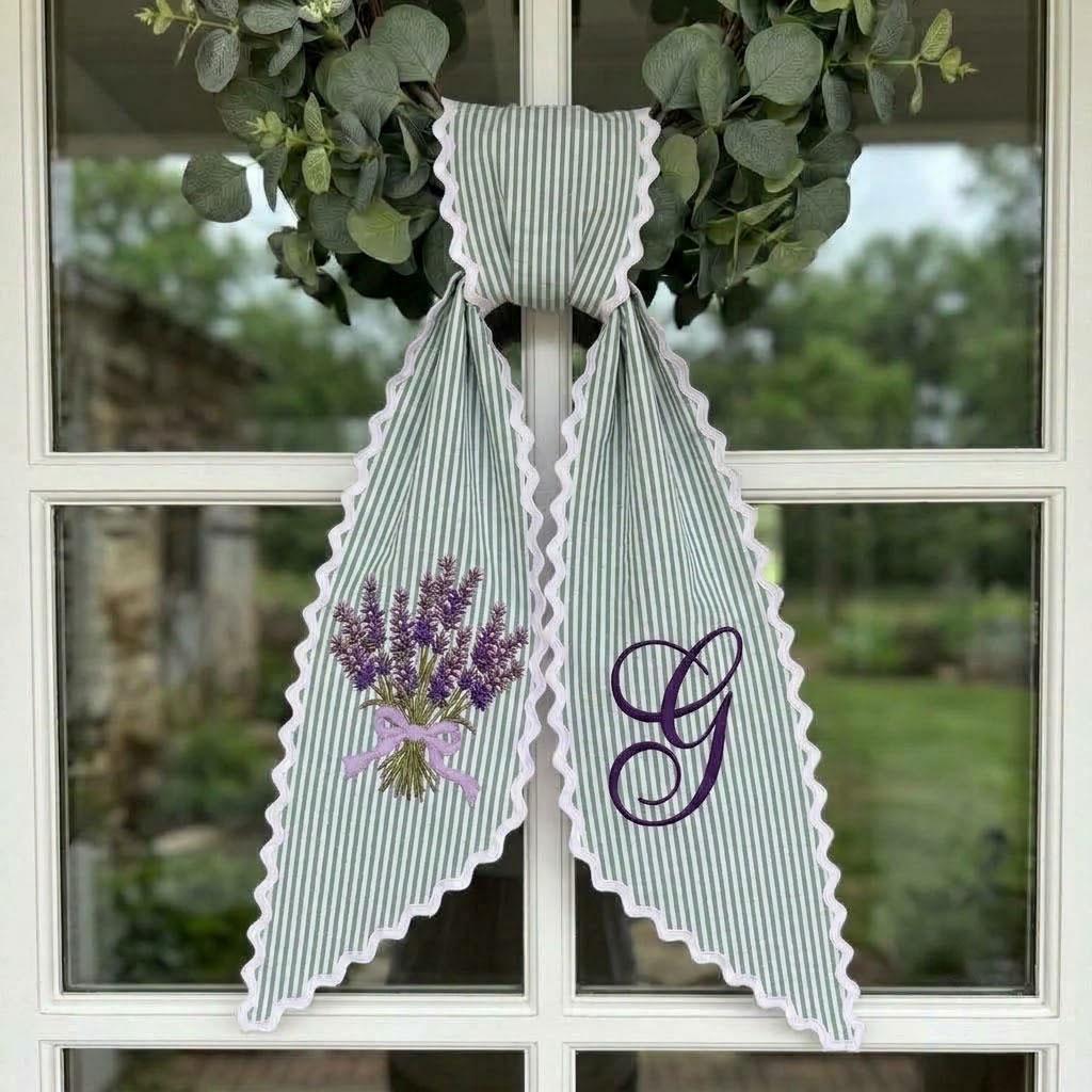 Lavender Monogram Wreath Sash, Purple Striped Door Hanger Ribbon, Personalized Front Door Decor, Spring Wreath Bow, New Home Gift