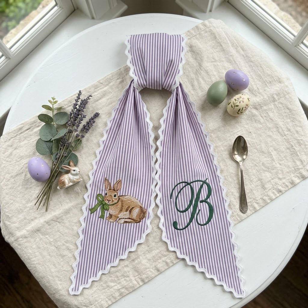 Monogram Easter Wreath Sash, Embroidered Bunny Door Hanger, Spring Striped Front Door Decor, Personalized Easter Ribbon