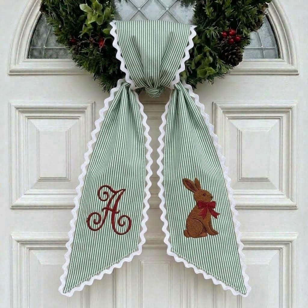 Personalized Easter Wreath Sash with Embroidered Bunny, Striped Spring Door Bow, Custom Monogram Door Hanger, Ric Rac Sash