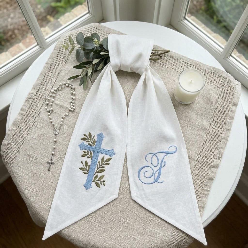 Custom Embroidered Blue Cross Wreath Sash Monogram First Communion Ribbon Baptism Decor Christian Linen Gift
