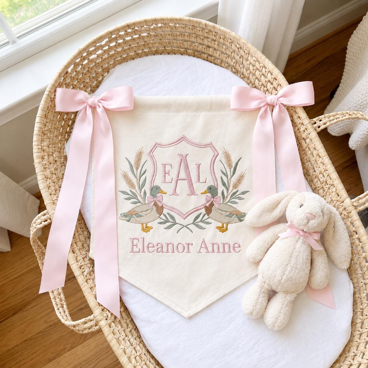 Personalized Embroidered Nursery Banner, Mallard Duck Baby Name Wall Hanging, Monogram Nursery Decor, Baby Girl Keepsake Gift