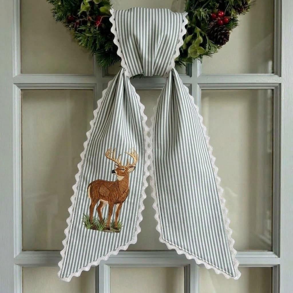 Embroidered Deer Wreath Sash, Striped Christmas Wreath Bow with Scalloped Edge, Woodland Holiday Door Decor, Rustic Winter Decor
