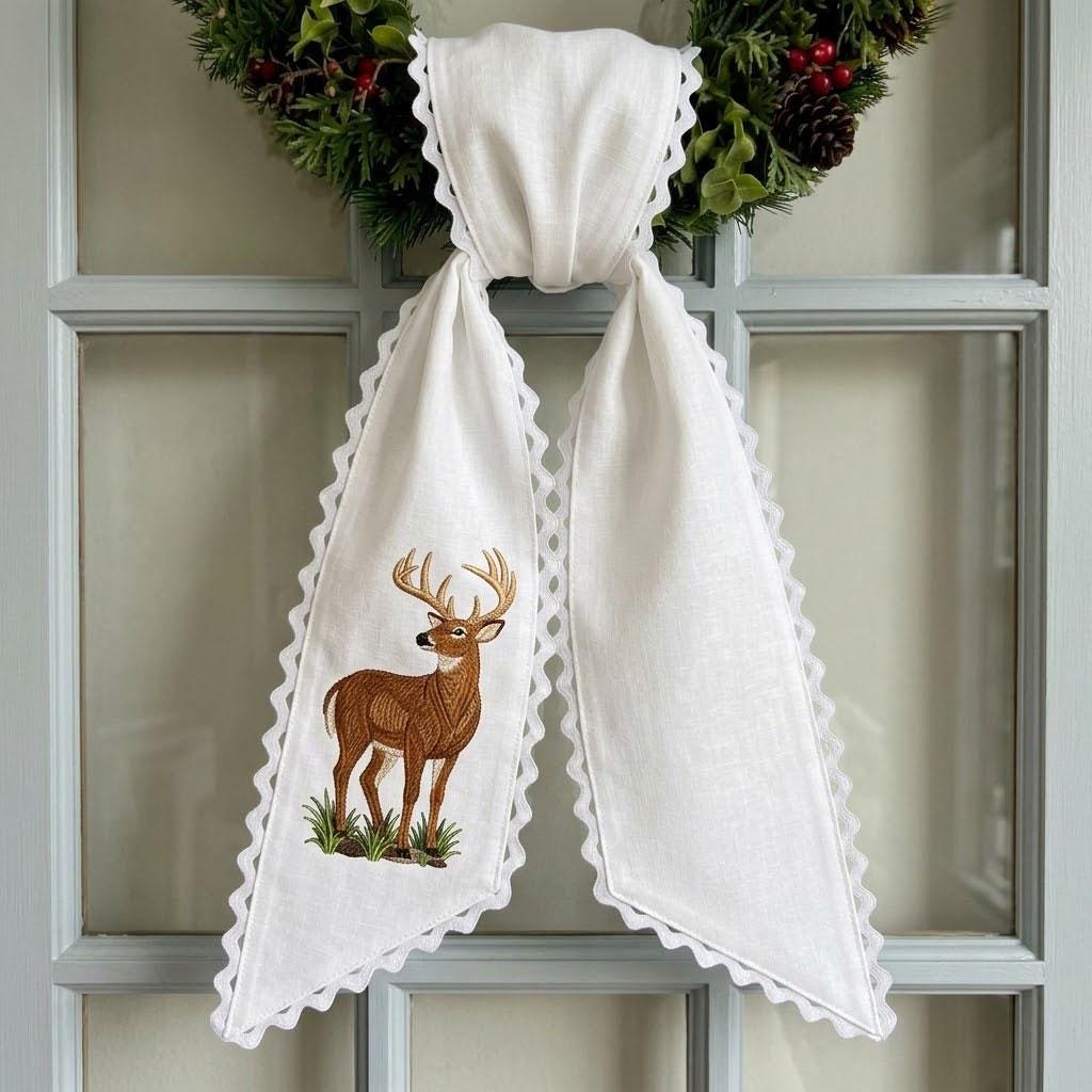 Embroidered Deer Wreath Sash, Striped Christmas Wreath Bow with Scalloped Edge, Woodland Holiday Door Decor, Rustic Winter Decor