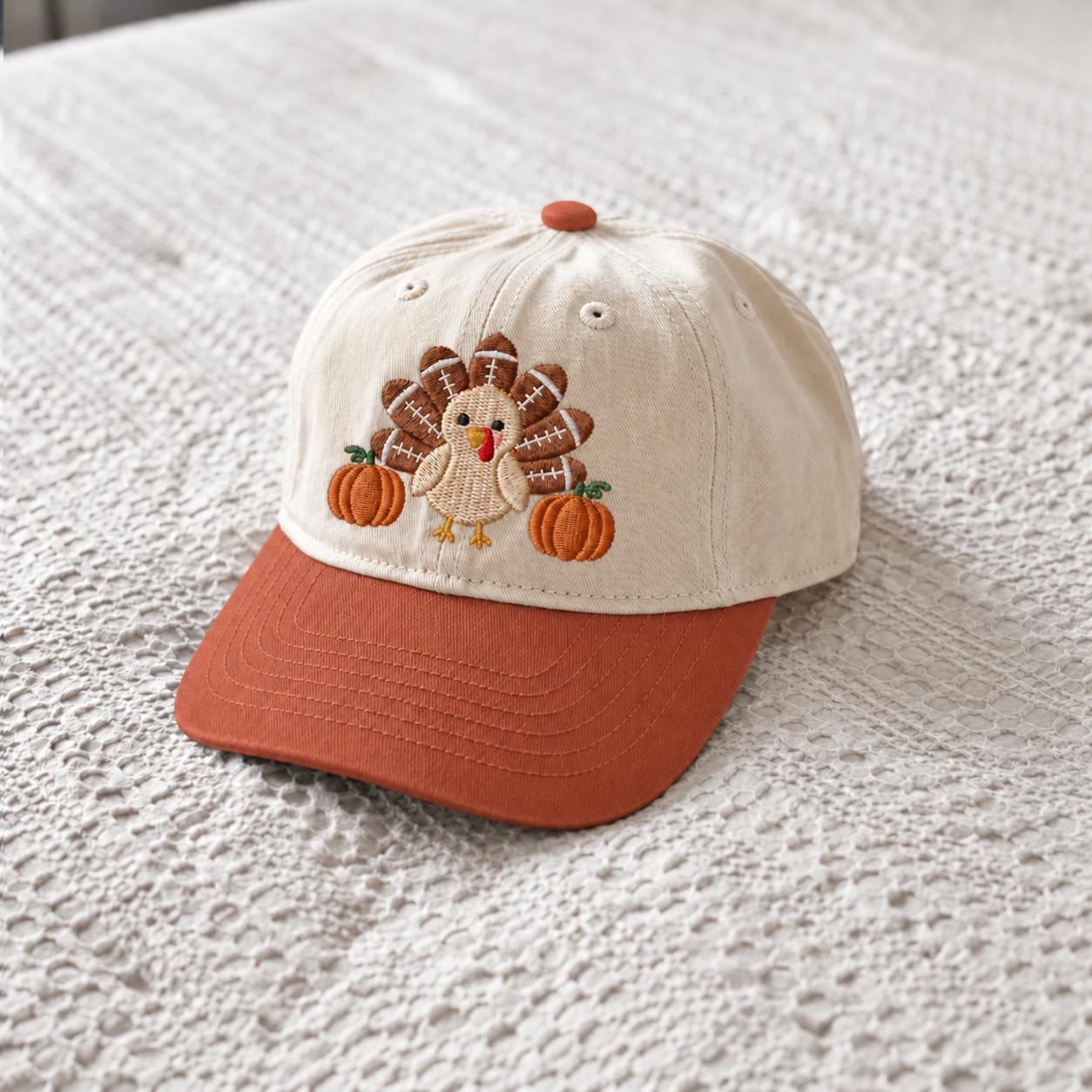 Turkey Football Hat, Personalized Thanksgiving Cap for Boys, Toddler Fall Pumpkin Baseball Cap, Kids Autumn Hat