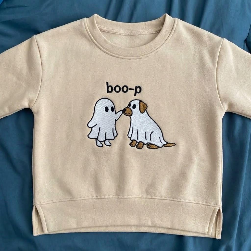 Embroidered Halloween Toddler Sweatshirt, Ghost Dog Boo-P Crewneck, Cute Spooky Kids Pullover, Fall Halloween Gift for Boys Girls