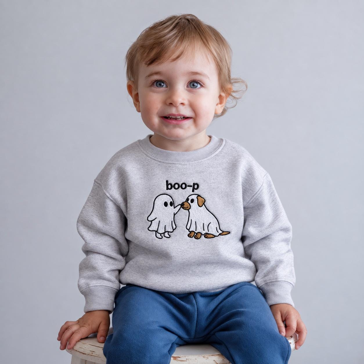 Embroidered Halloween Toddler Sweatshirt, Ghost Dog Boo-P Crewneck, Cute Spooky Kids Pullover, Fall Halloween Gift for Boys Girls