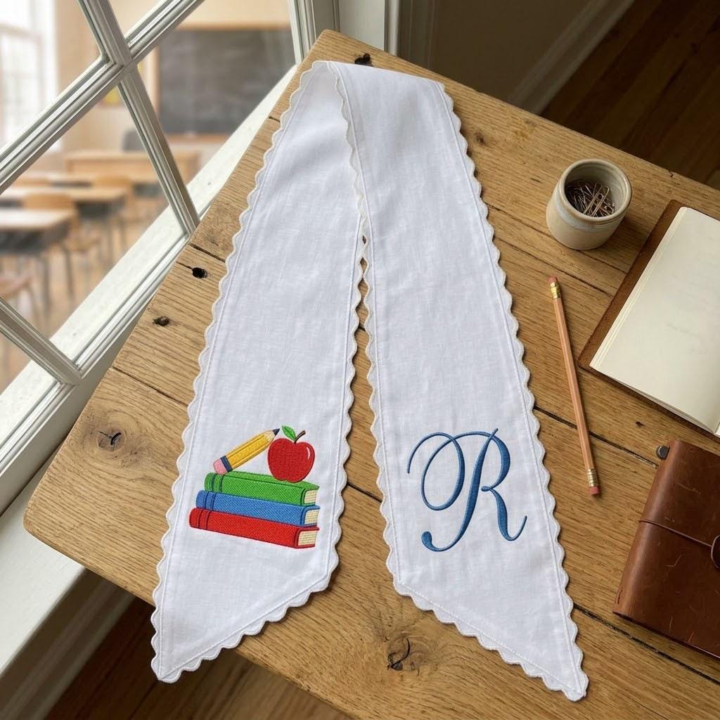 Personalized Teacher Wreath Sash, Monogram School Wreath Bow, Embroidered Books Apple Pencil Sash, Teacher Classroom Door Decor