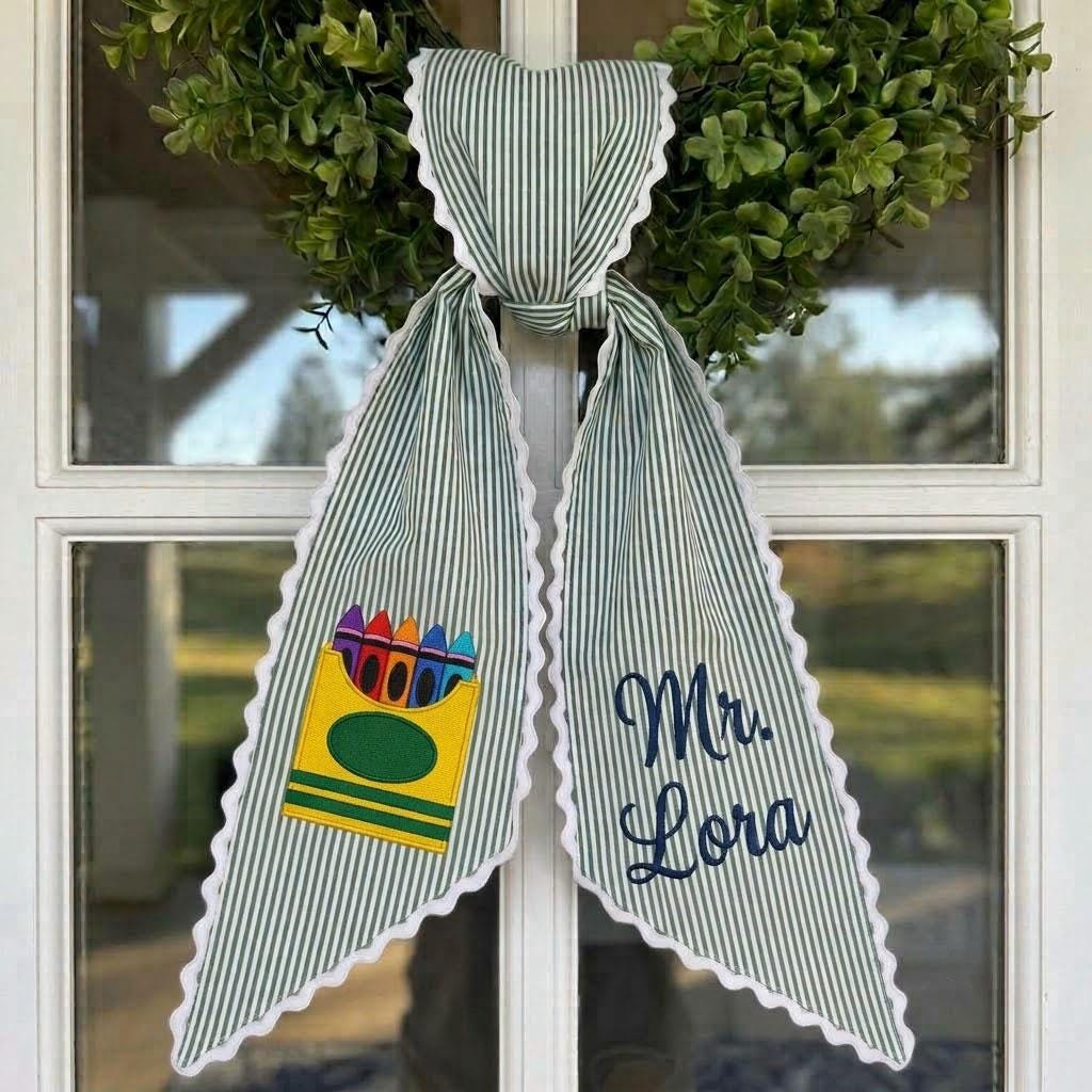Personalized Teacher Wreath Sash, Embroidered Crayon Wreath Bow, Custom Teacher Name Sash, Classroom Door Decor, Teacher Gift