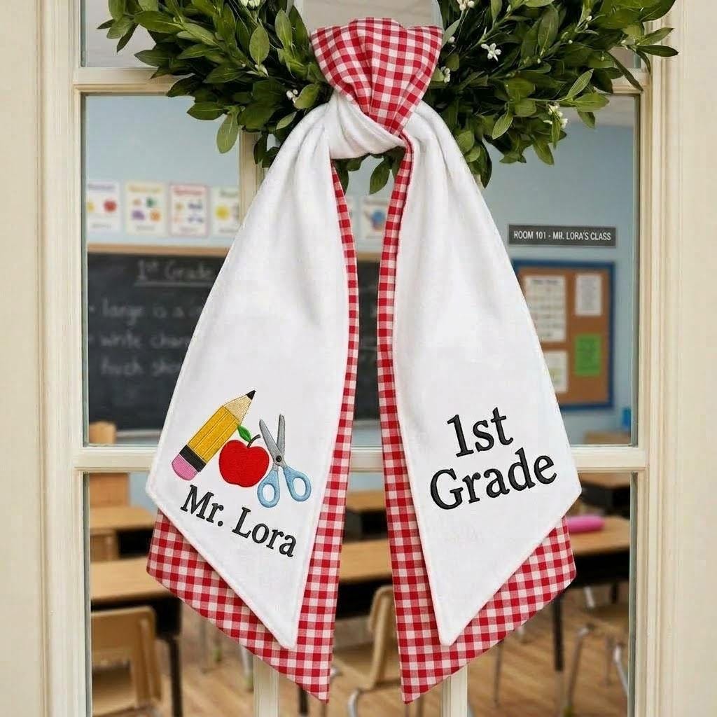 Personalized Teacher Wreath Sash Set of 2, Custom Classroom Door Decor, Back to School Gift, Gingham Door Hanger