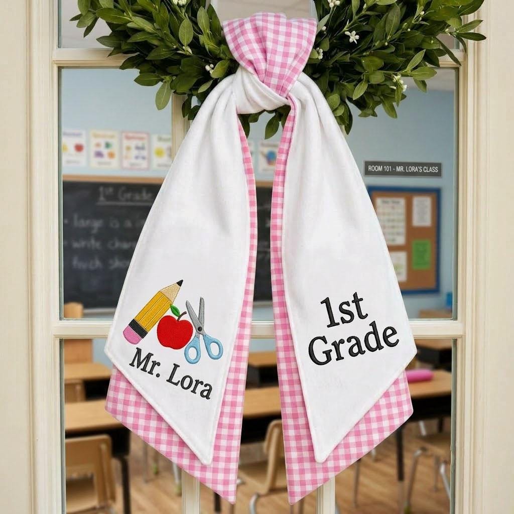 Personalized Teacher Wreath Sash Set of 2, Custom Classroom Door Decor, Back to School Gift, Gingham Door Hanger