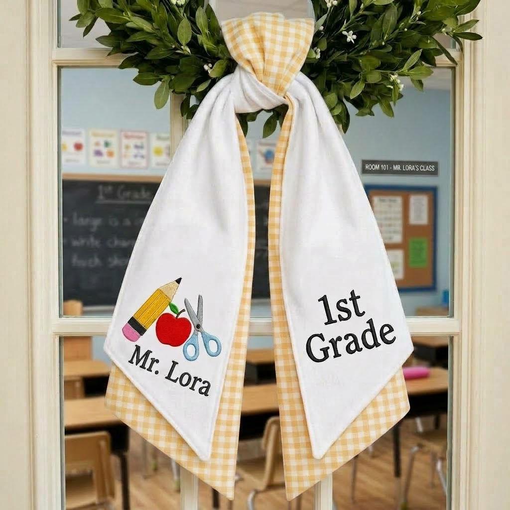 Personalized Teacher Wreath Sash Set of 2, Custom Classroom Door Decor, Back to School Gift, Gingham Door Hanger