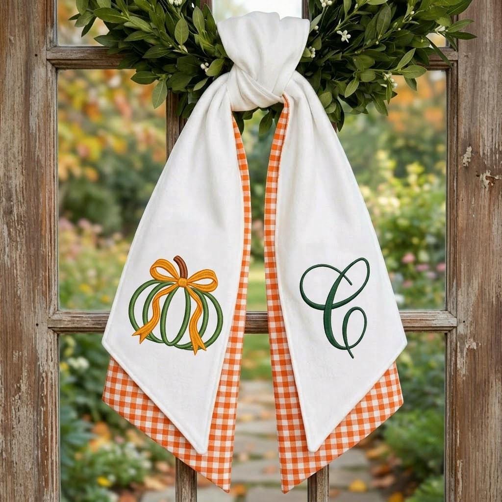 Fall Monogram Wreath Sash, Embroidered Pumpkin Door Hanger, Orange Gingham Autumn Decor, Personalized Thanksgiving Wreath Bow