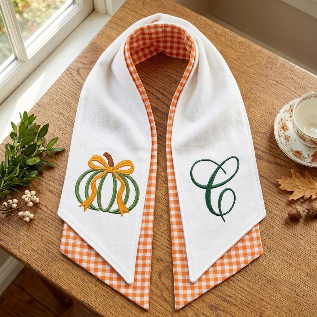Fall Monogram Wreath Sash, Embroidered Pumpkin Door Hanger, Orange Gingham Autumn Decor, Personalized Thanksgiving Wreath Bow