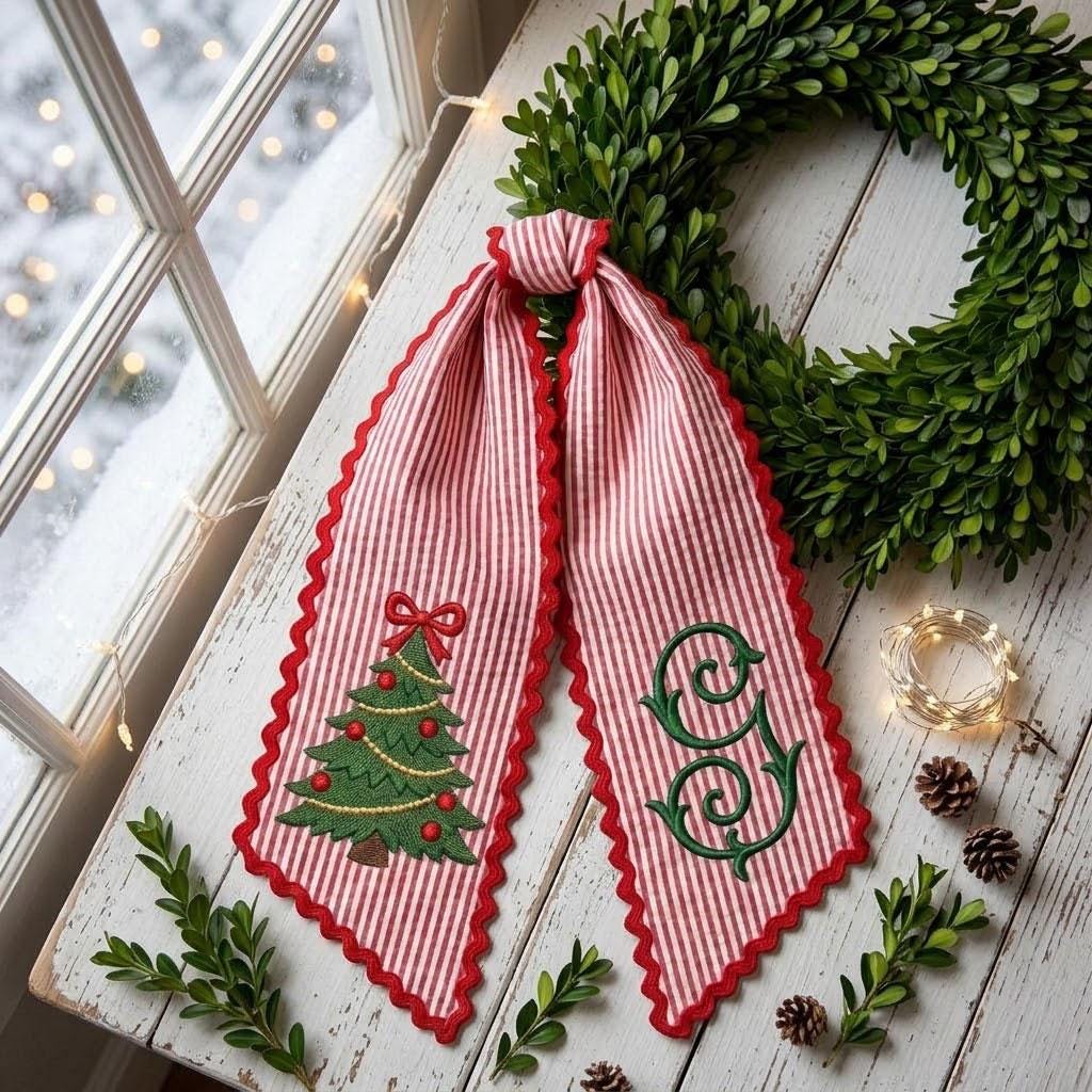 Personalized Christmas Wreath Sash, Monogram Holiday Door Decor, Red Striped Embroidered Tree Hanger