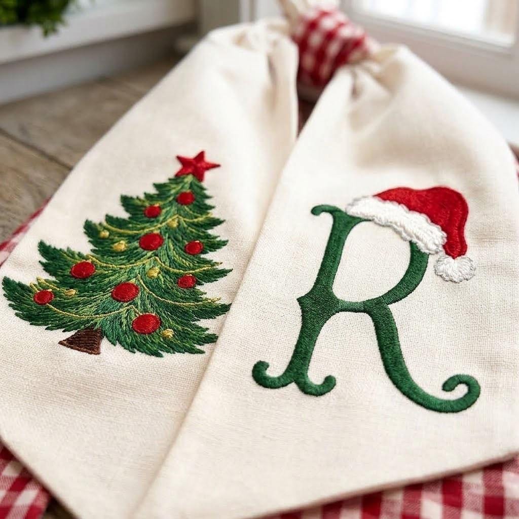 Personalized Christmas Wreath Sash, Monogram Holiday Door Decor, Embroidered Tree & Santa Hat, Red Gingham Door Hanger