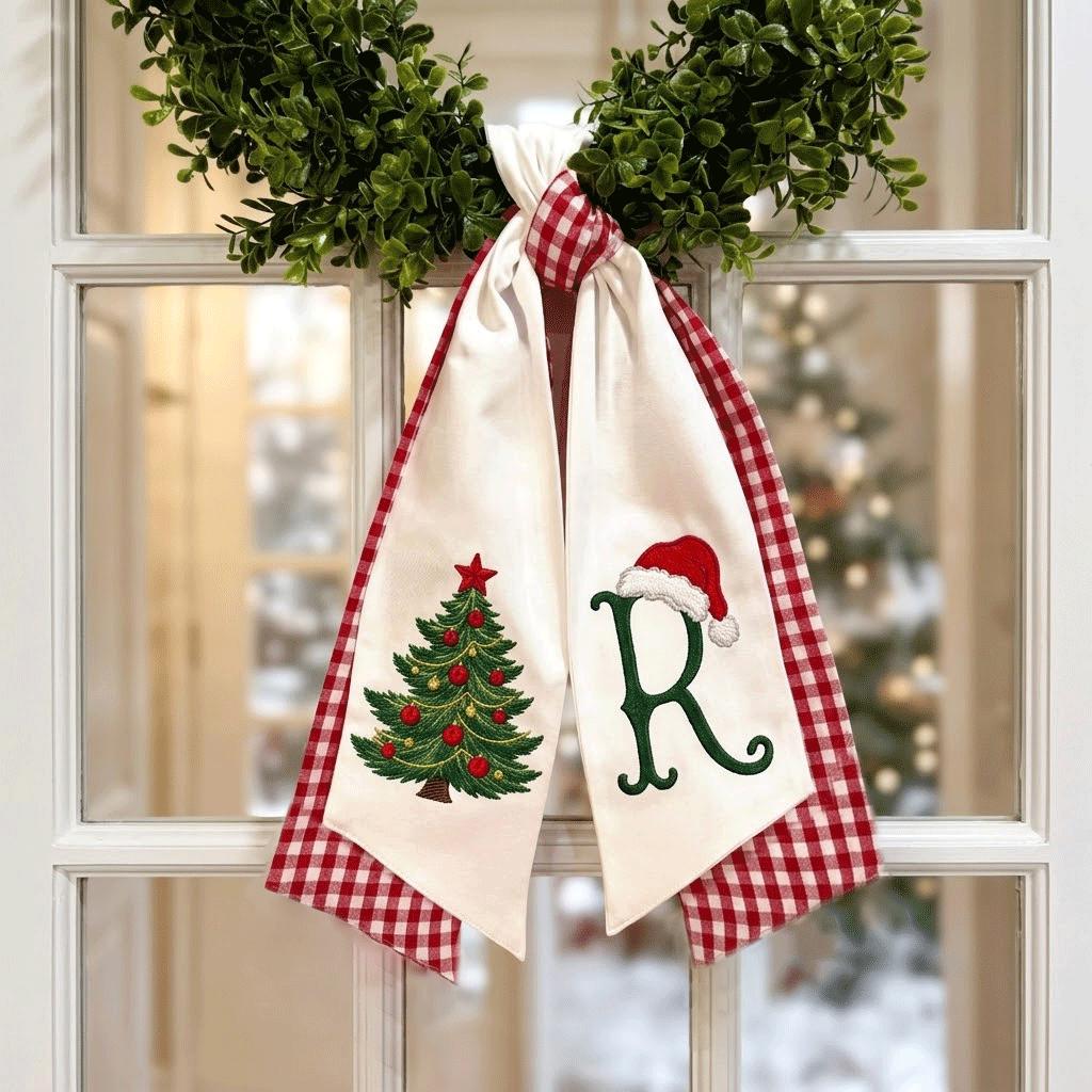 Personalized Christmas Wreath Sash, Monogram Holiday Door Decor, Embroidered Tree & Santa Hat, Red Gingham Door Hanger