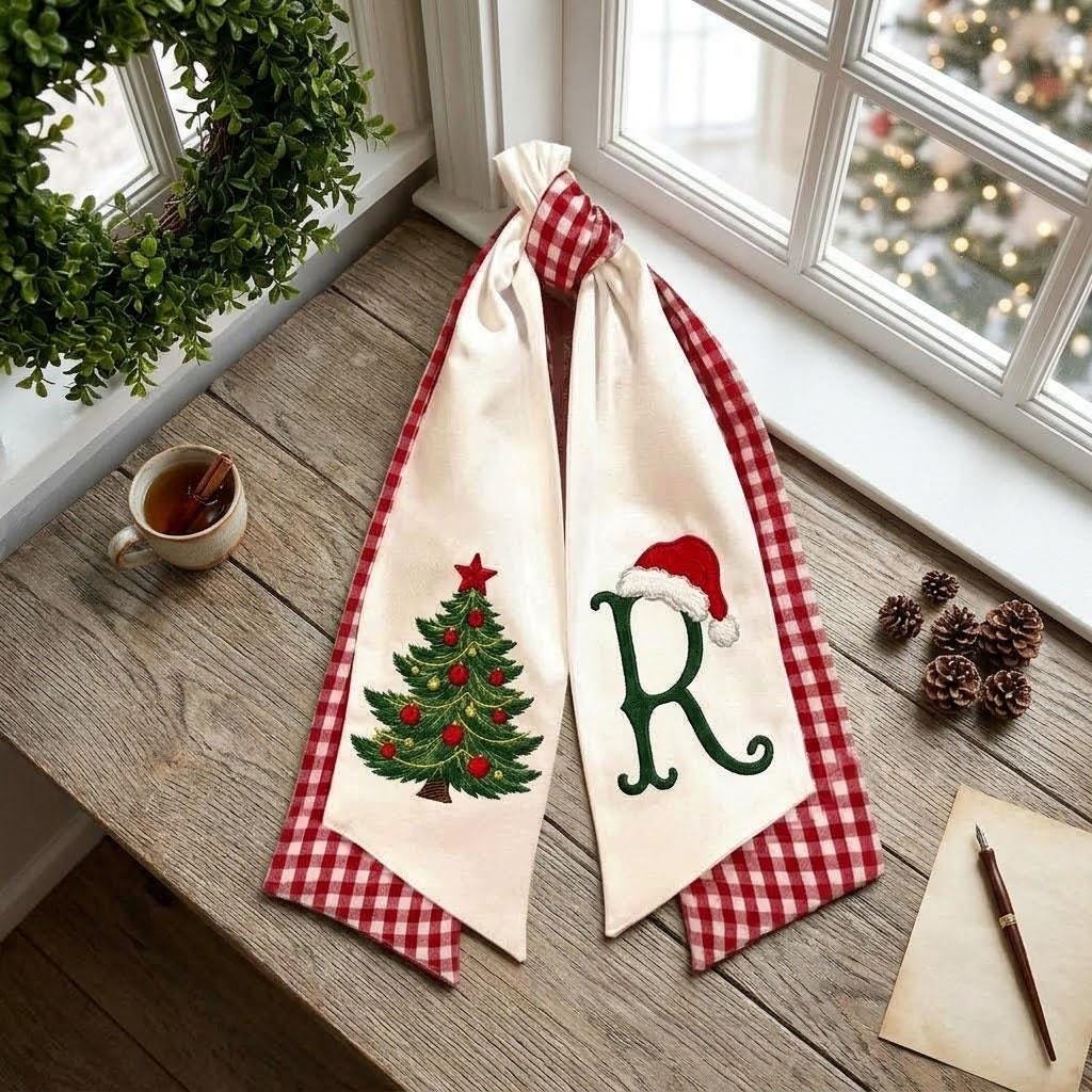 Personalized Christmas Wreath Sash, Monogram Holiday Door Decor, Embroidered Tree & Santa Hat, Red Gingham Door Hanger