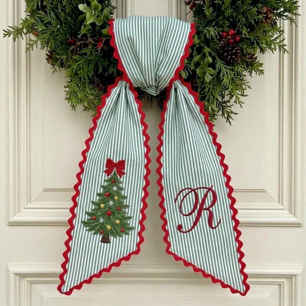 Personalized Christmas Wreath Sash, Embroidered Christmas Tree Wreath Bow, Monogram Holiday Sash, Striped Front Door Decor